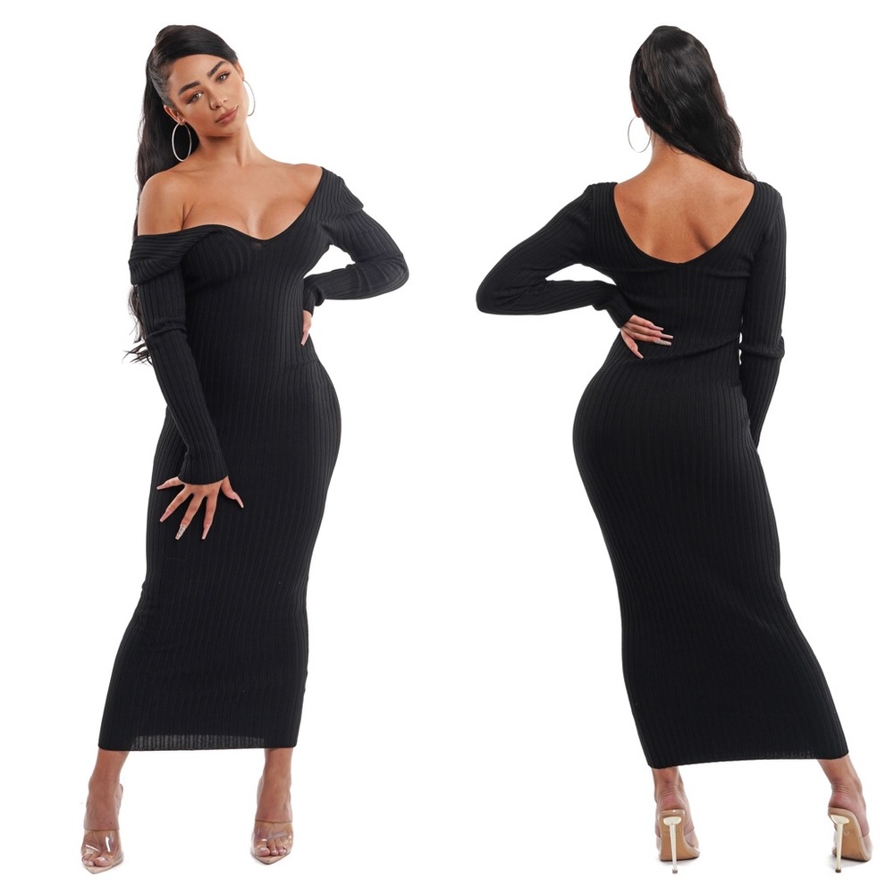 Black Long Sleeve Knit Maxi Dress